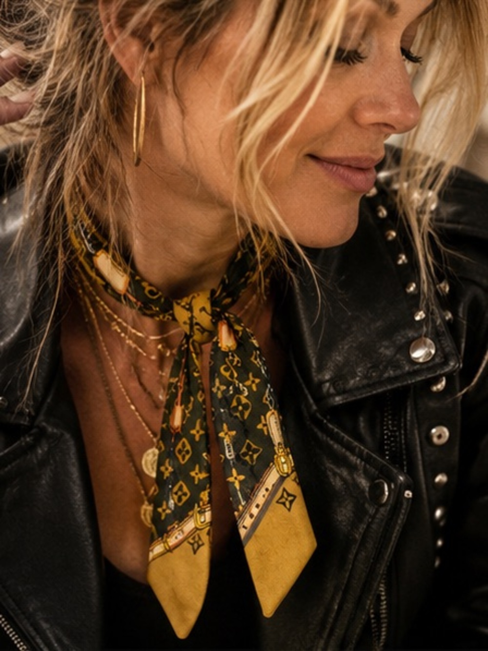 Mustard Gold Chain & Belt Print Twilly Scarf Designer Inspired - Picture 2 of 5